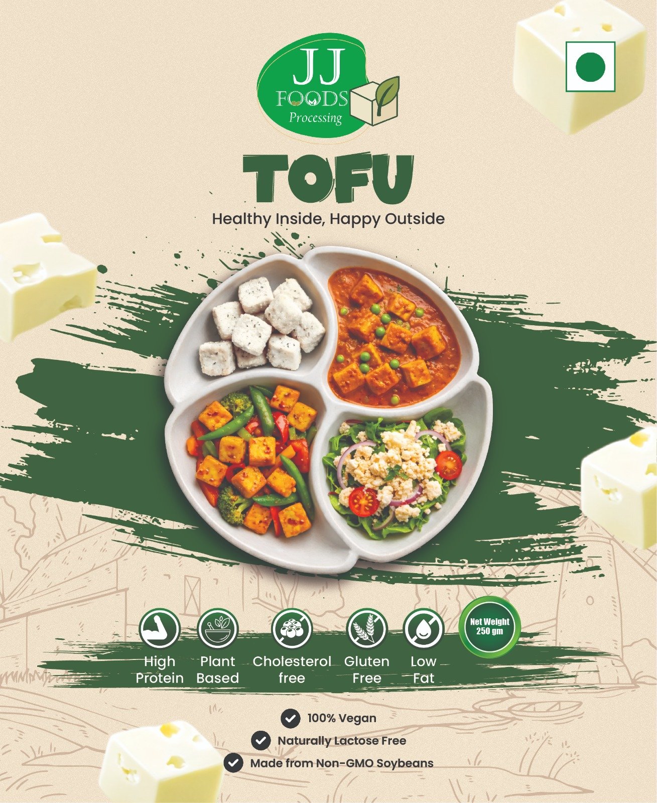 Fresh tofu blocks made from 100% quality soybeans by JJ Foods Processing
